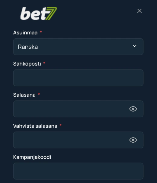 Rekisteröityminen Bet7 Casino